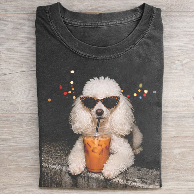 Funny Poodle Drinking Iced Coffee Dog Meme T-shirt