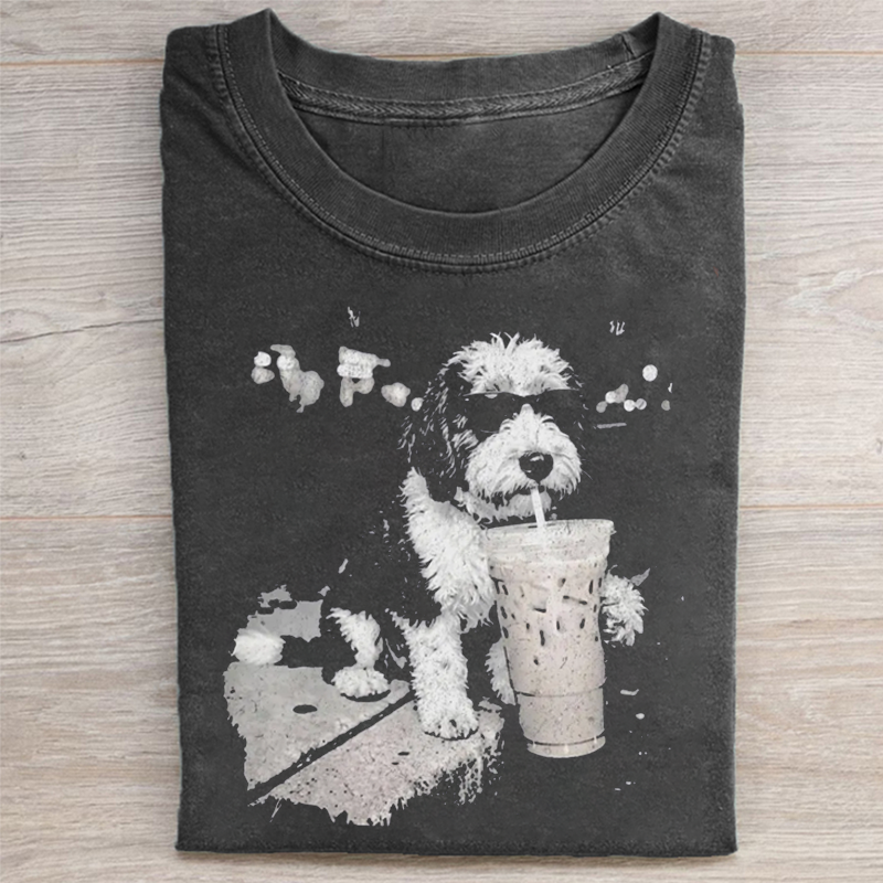 Funny Dog Drinking Iced Coffee T-shirt