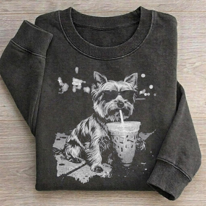 Funny Yorkie Dog Drinking Iced Coffee Sweatshirt