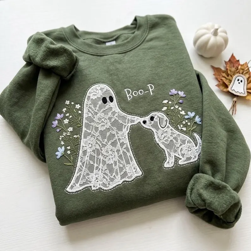 Embroidered Floral Lace Ghost and Dog Boop Sweatshirt