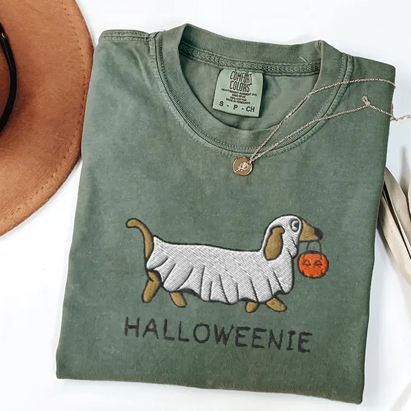 Embroidered Dachshund Halloween Ghost T-shirt