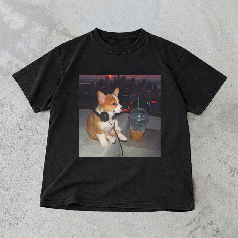 Corgi Drinking Iced Coffee T-shirt