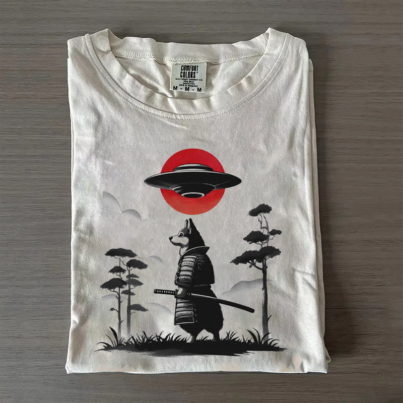 Corgi Samurai UFO T-shirt