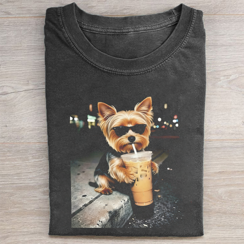 Yorkie Drinking Iced Coffee T-shirt