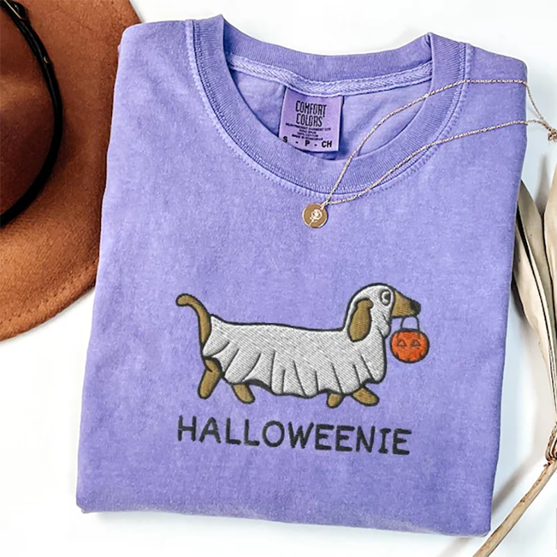 Embroidered Dachshund Halloween Ghost T-shirt