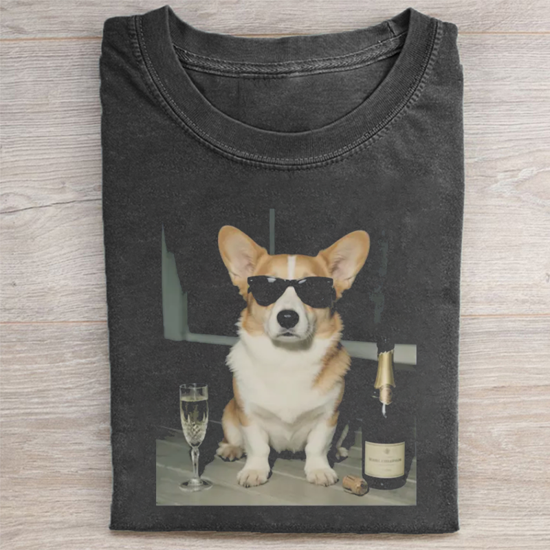 Vintage Corgi Drinking Champagne T-shirt
