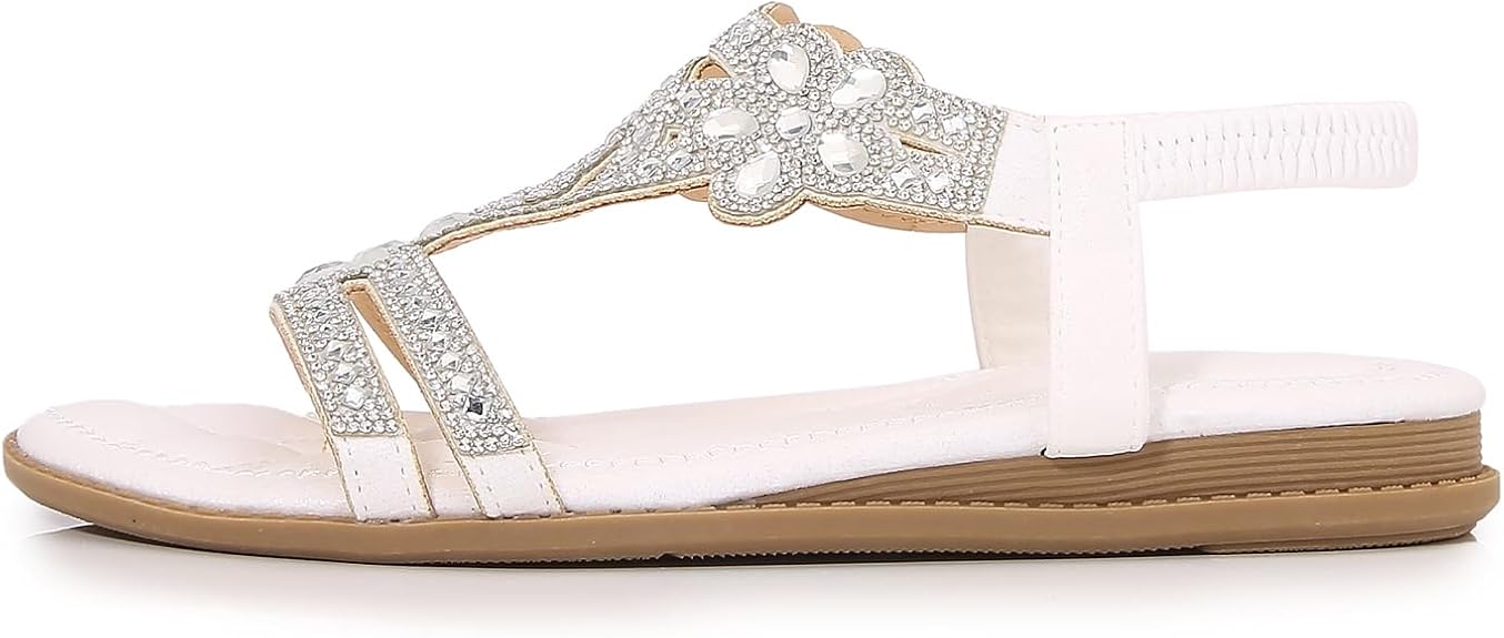 🌸🎉Hot Sale 50% OFF✨⏳Women Rhinestone Sandals T-Strap Buckle Bohemian Pearl Crystal Flat Sandals