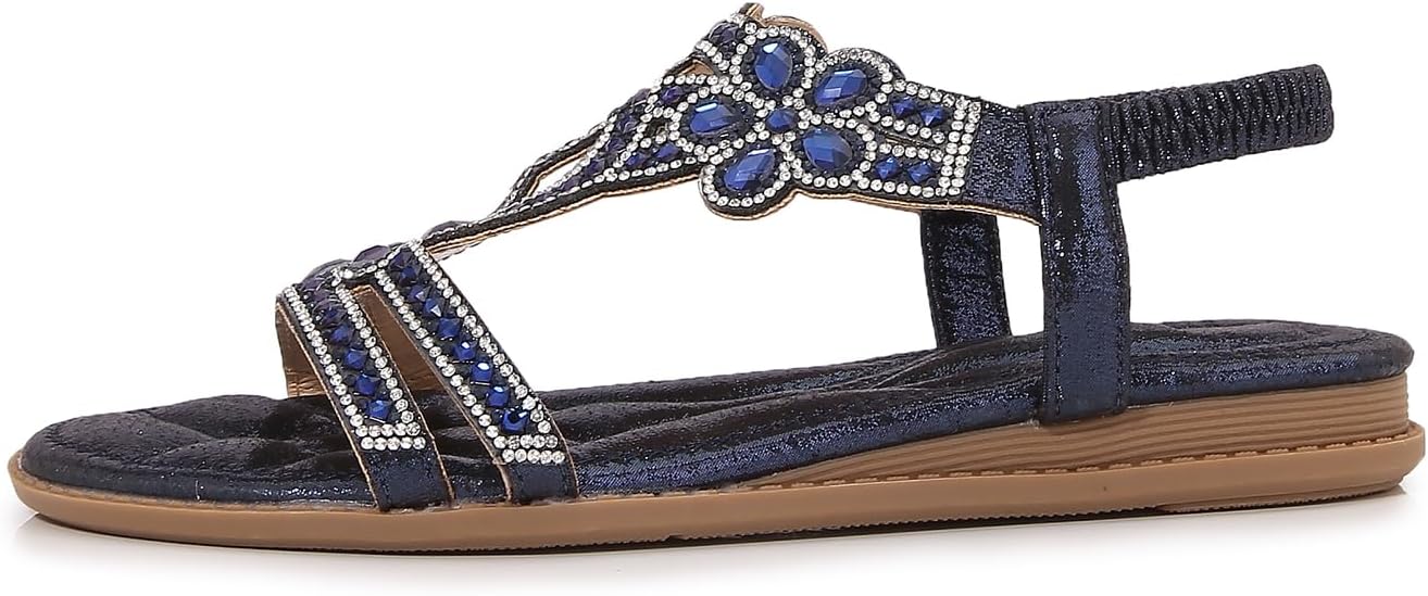 🌸🎉Hot Sale 50% OFF✨⏳Women Rhinestone Sandals T-Strap Buckle Bohemian Pearl Crystal Flat Sandals