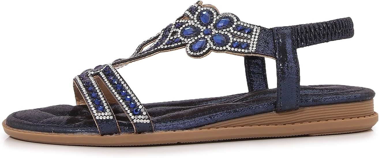 🌸🎉Hot Sale 50% OFF✨⏳Women Rhinestone Sandals T-Strap Buckle Bohemian Pearl Crystal Flat Sandals