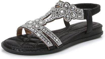 🌸🎉Hot Sale 50% OFF✨⏳Women Rhinestone Sandals T-Strap Buckle Bohemian Pearl Crystal Flat Sandals