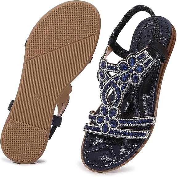 🌸🎉Hot Sale 50% OFF✨⏳Women Rhinestone Sandals T-Strap Buckle Bohemian Pearl Crystal Flat Sandals