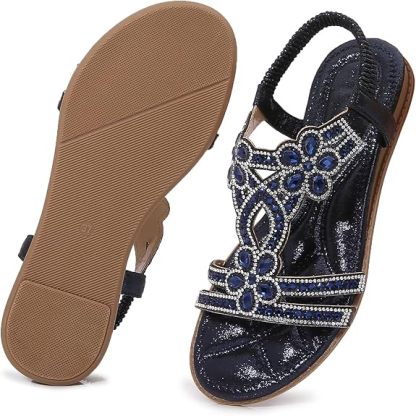 🌸🎉Hot Sale 50% OFF✨⏳Women Rhinestone Sandals T-Strap Buckle Bohemian Pearl Crystal Flat Sandals