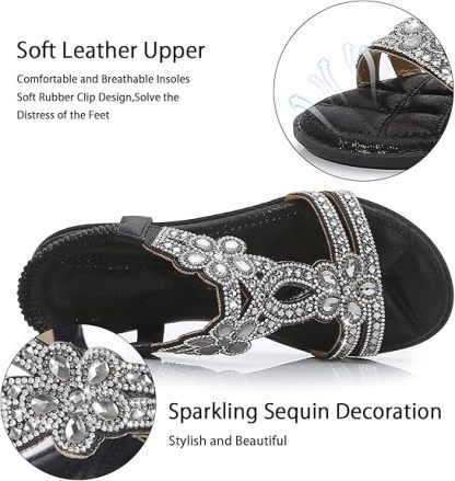 🌸🎉Hot Sale 50% OFF✨⏳Women Rhinestone Sandals T-Strap Buckle Bohemian Pearl Crystal Flat Sandals