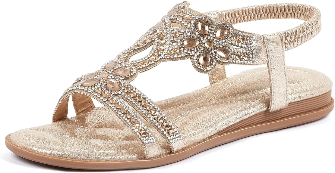 🌸🎉Hot Sale 50% OFF✨⏳Women Rhinestone Sandals T-Strap Buckle Bohemian Pearl Crystal Flat Sandals