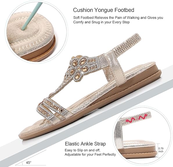 🌸🎉Hot Sale 50% OFF✨⏳Women Rhinestone Sandals T-Strap Buckle Bohemian Pearl Crystal Flat Sandals