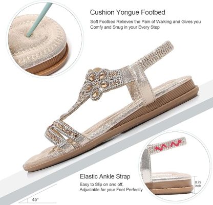 🌸🎉Hot Sale 50% OFF✨⏳Women Rhinestone Sandals T-Strap Buckle Bohemian Pearl Crystal Flat Sandals
