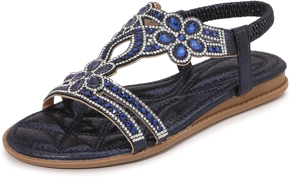 🌸🎉Hot Sale 50% OFF✨⏳Women Rhinestone Sandals T-Strap Buckle Bohemian Pearl Crystal Flat Sandals