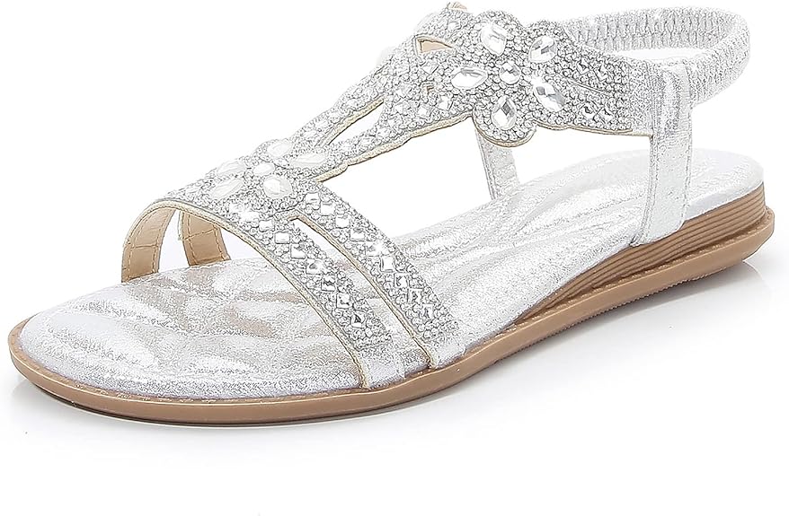 🌸🎉Hot Sale 50% OFF✨⏳Women Rhinestone Sandals T-Strap Buckle Bohemian Pearl Crystal Flat Sandals