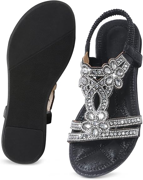 🌸🎉Hot Sale 50% OFF✨⏳Women Rhinestone Sandals T-Strap Buckle Bohemian Pearl Crystal Flat Sandals
