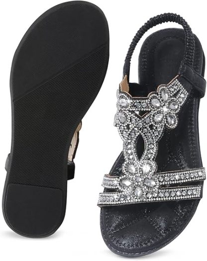 🌸🎉Hot Sale 50% OFF✨⏳Women Rhinestone Sandals T-Strap Buckle Bohemian Pearl Crystal Flat Sandals