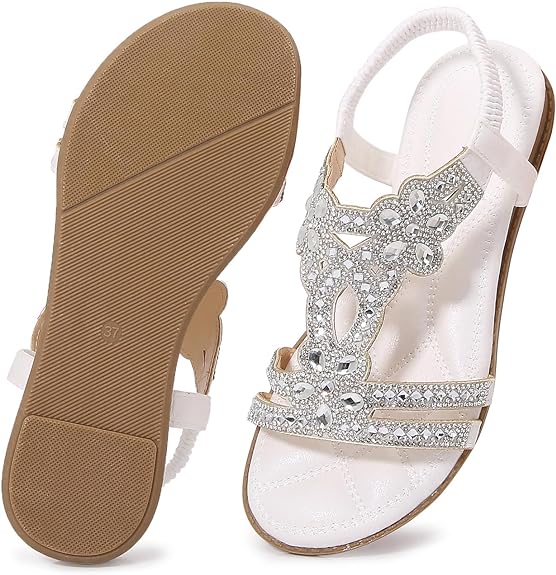 🌸🎉Hot Sale 50% OFF✨⏳Women Rhinestone Sandals T-Strap Buckle Bohemian Pearl Crystal Flat Sandals