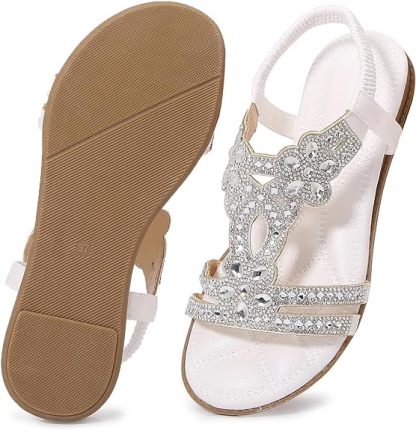 🌸🎉Hot Sale 50% OFF✨⏳Women Rhinestone Sandals T-Strap Buckle Bohemian Pearl Crystal Flat Sandals