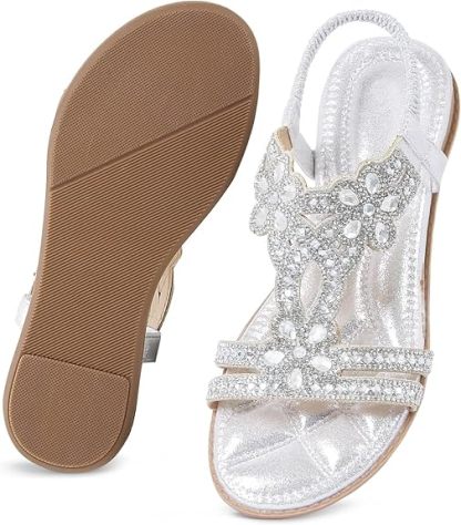 🌸🎉Hot Sale 50% OFF✨⏳Women Rhinestone Sandals T-Strap Buckle Bohemian Pearl Crystal Flat Sandals