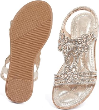 🌸🎉Hot Sale 50% OFF✨⏳Women Rhinestone Sandals T-Strap Buckle Bohemian Pearl Crystal Flat Sandals