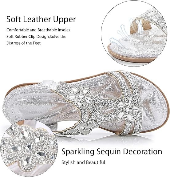 🌸🎉Hot Sale 50% OFF✨⏳Women Rhinestone Sandals T-Strap Buckle Bohemian Pearl Crystal Flat Sandals