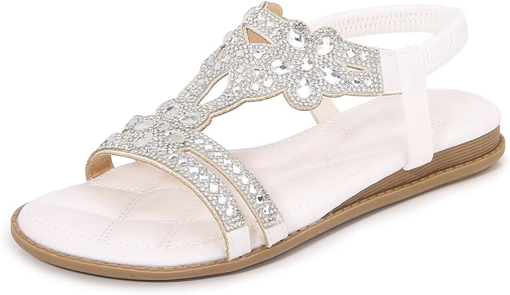🌸🎉Hot Sale 50% OFF✨⏳Women Rhinestone Sandals T-Strap Buckle Bohemian Pearl Crystal Flat Sandals