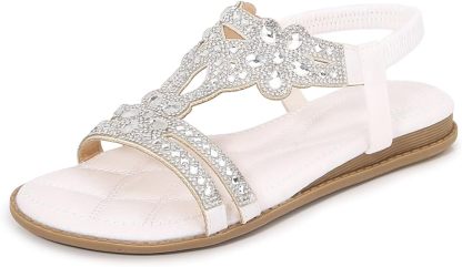 🌸🎉Hot Sale 50% OFF✨⏳Women Rhinestone Sandals T-Strap Buckle Bohemian Pearl Crystal Flat Sandals