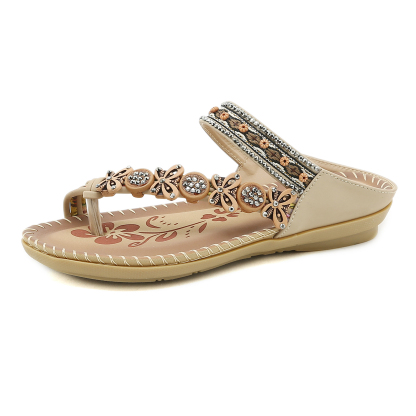 🌸🎉Hot Sale 50% OFF✨⏳Womens Sandals Flats Shoes: Comfortable Bohemian Beaded Dressy Flat Casual Ankle Strap Elastic Slip on Beach Sandal