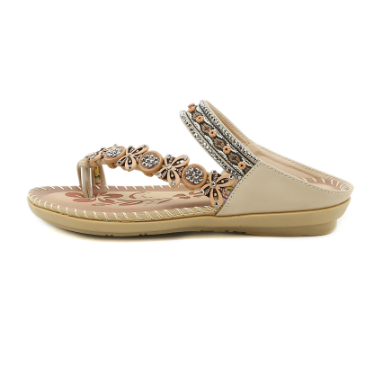 🌸🎉Hot Sale 50% OFF✨⏳Womens Sandals Flats Shoes: Comfortable Bohemian Beaded Dressy Flat Casual Ankle Strap Elastic Slip on Beach Sandal