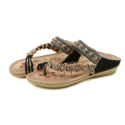 🌸🎉Hot Sale 50% OFF✨⏳Womens Sandals Flats Shoes: Comfortable Bohemian Beaded Dressy Flat Casual Ankle Strap Elastic Slip on Beach Sandal