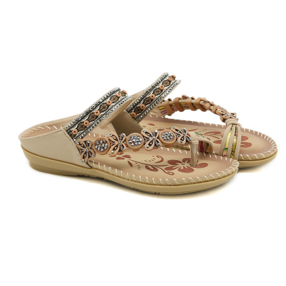 🌸🎉Hot Sale 50% OFF✨⏳Womens Sandals Flats Shoes: Comfortable Bohemian Beaded Dressy Flat Casual Ankle Strap Elastic Slip on Beach Sandal