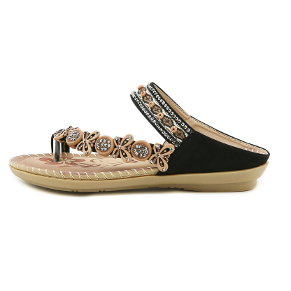 🌸🎉Hot Sale 50% OFF✨⏳Womens Sandals Flats Shoes: Comfortable Bohemian Beaded Dressy Flat Casual Ankle Strap Elastic Slip on Beach Sandal
