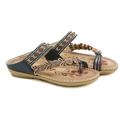 🌸🎉Hot Sale 50% OFF✨⏳Womens Sandals Flats Shoes: Comfortable Bohemian Beaded Dressy Flat Casual Ankle Strap Elastic Slip on Beach Sandal