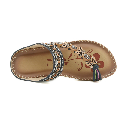 🌸🎉Hot Sale 50% OFF✨⏳Womens Sandals Flats Shoes: Comfortable Bohemian Beaded Dressy Flat Casual Ankle Strap Elastic Slip on Beach Sandal