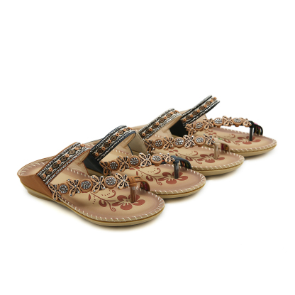🌸🎉Hot Sale 50% OFF✨⏳Womens Sandals Flats Shoes: Comfortable Bohemian Beaded Dressy Flat Casual Ankle Strap Elastic Slip on Beach Sandal