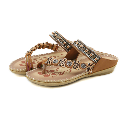 🌸🎉Hot Sale 50% OFF✨⏳Womens Sandals Flats Shoes: Comfortable Bohemian Beaded Dressy Flat Casual Ankle Strap Elastic Slip on Beach Sandal