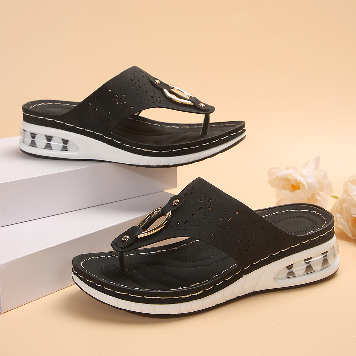 🌸🎉Hot Sale 50% OFF✨⏳Women's Air Cushion Flip Flop Casual Wedge Sandals Comfortable Lightweight Beach Slippers - Conforms To The Human Body And Reduces Foot Pressure