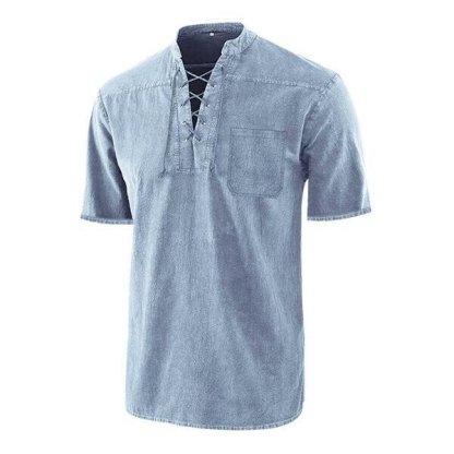 🔥Mid Year Sale 70% OFF🔥 - Men Gothic Retro T Shirt Lace-up V-neck Denim Pocket Short Sleeve Tee Shirt Loose Tops