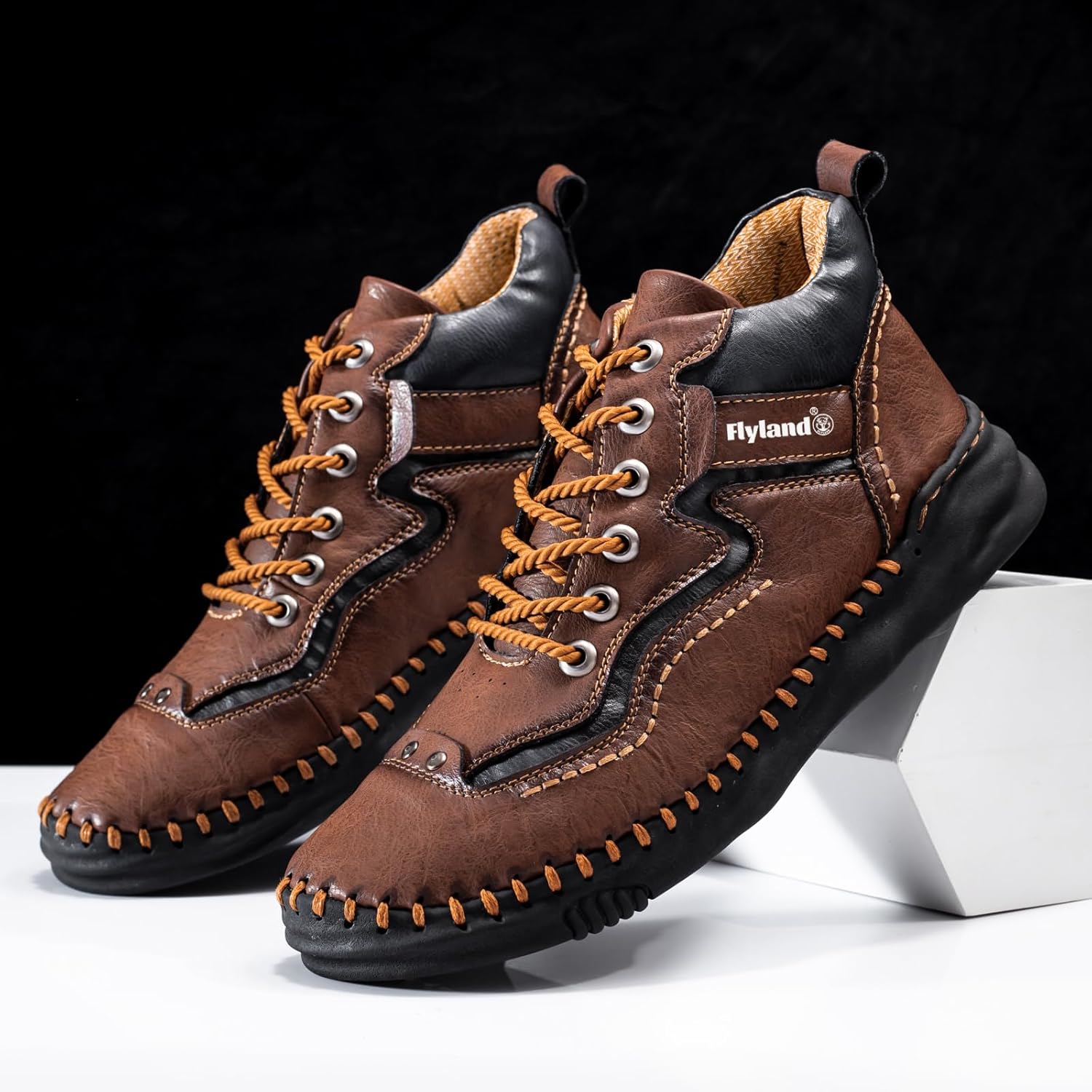 FLYLAND Mens Casual Leather Shoes Ankle Chukka Boots Handmade Retro British Walking Daily Work Office Shoes for Male