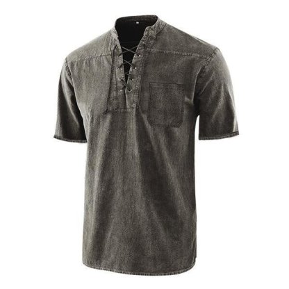 🔥Mid Year Sale 70% OFF🔥 - Men Gothic Retro T Shirt Lace-up V-neck Denim Pocket Short Sleeve Tee Shirt Loose Tops