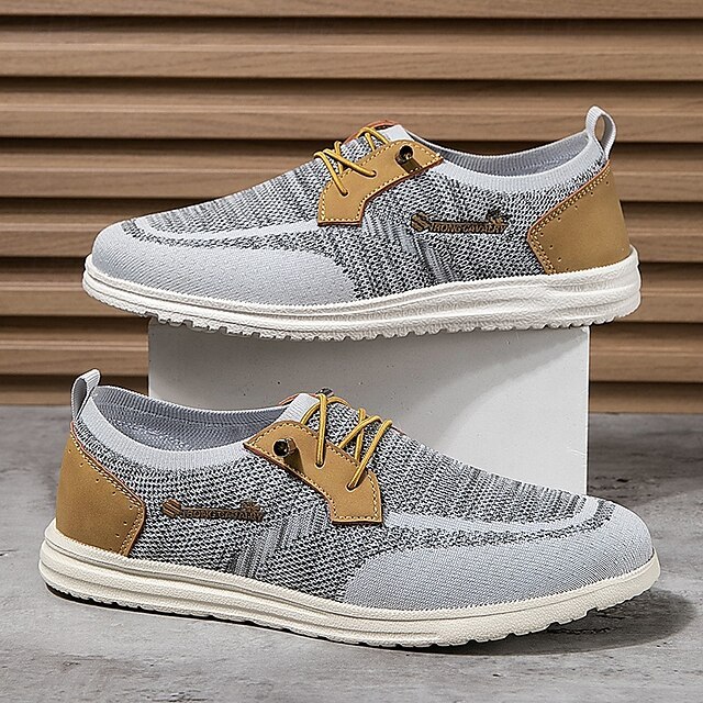 🔥Limited Time Offer 70% OFF🔥Men's Grey Knit Sport Shoes with Leather Accents and Lace-Up Design – Comfortable Casual & Outdoor Footwear