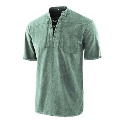 🔥Mid Year Sale 70% OFF🔥 - Men Gothic Retro T Shirt Lace-up V-neck Denim Pocket Short Sleeve Tee Shirt Loose Tops
