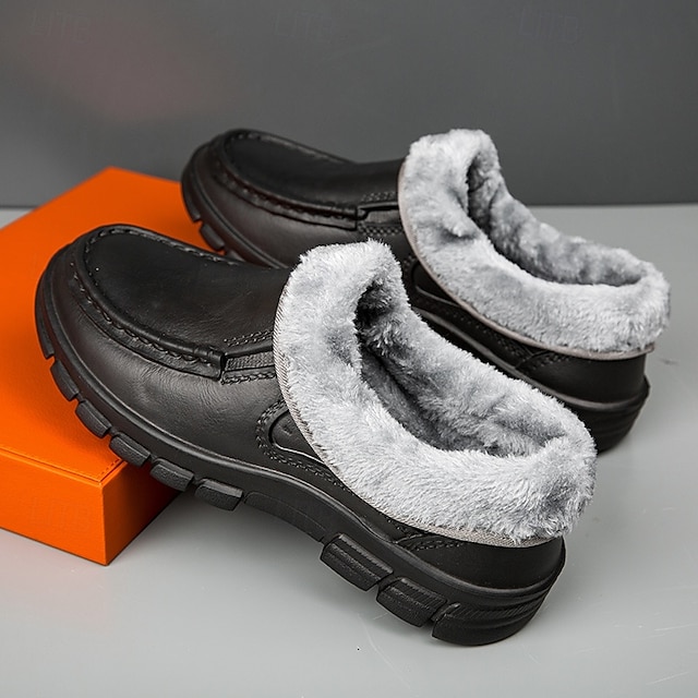 🔥Hot Sale🎁--50% OFF🎉Men's Black Faux Leather Slip-on Shoes with Fur Lining - Warm and Comfortable for Winter