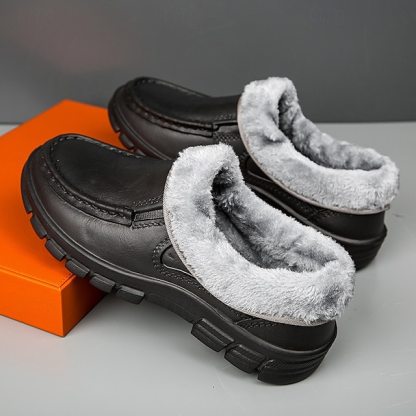 🔥Hot Sale🎁--50% OFF🎉Men's Black Faux Leather Slip-on Shoes with Fur Lining - Warm and Comfortable for Winter