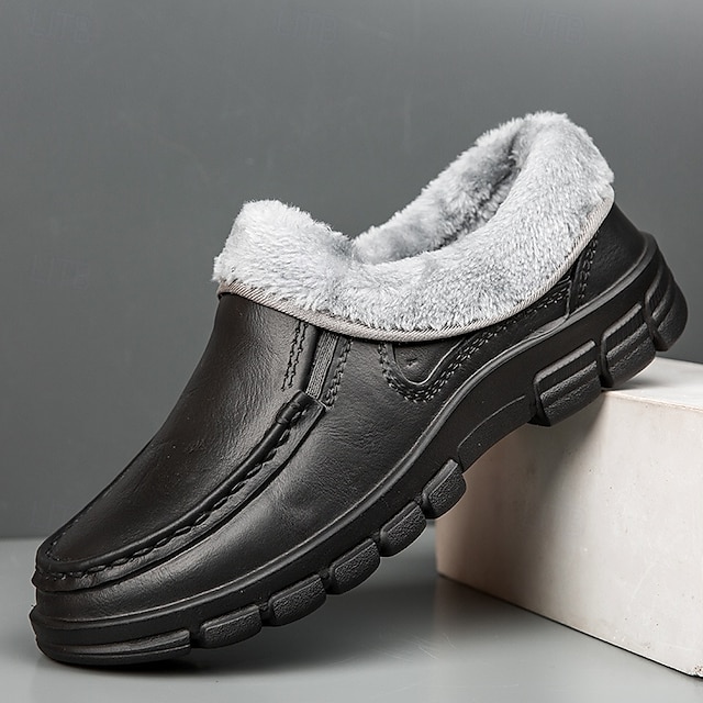 🔥Hot Sale🎁--50% OFF🎉Men's Black Faux Leather Slip-on Shoes with Fur Lining - Warm and Comfortable for Winter