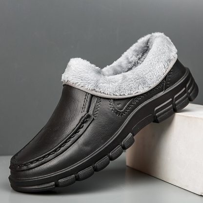 🔥Hot Sale🎁--50% OFF🎉Men's Black Faux Leather Slip-on Shoes with Fur Lining - Warm and Comfortable for Winter